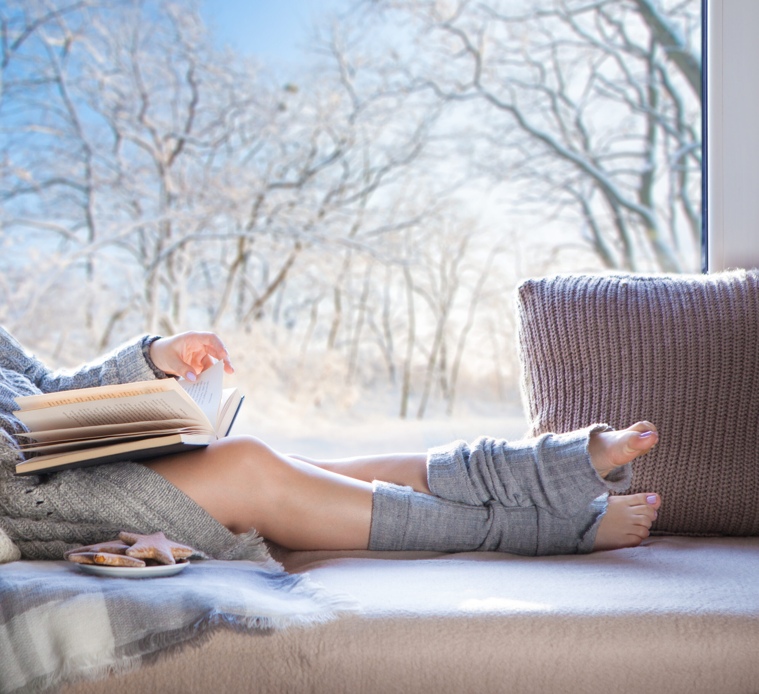 Woman sitting on window seat with book